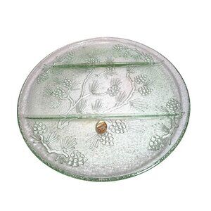Tiara Sandwich Glass -- 12" Vintage Green Pinecone Divided Serving Platter